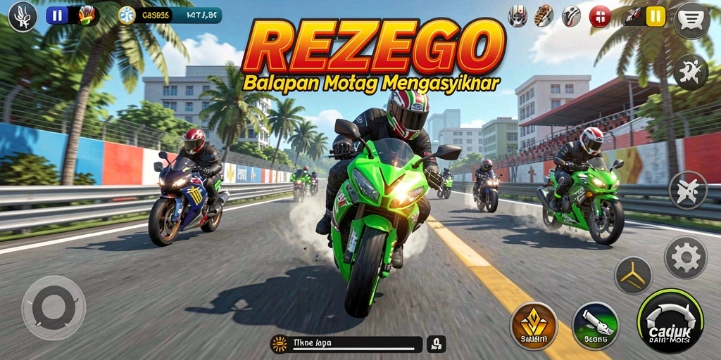 Screenshot dari gameplay REZEGO yang mendebarkan dengan balapan motor.