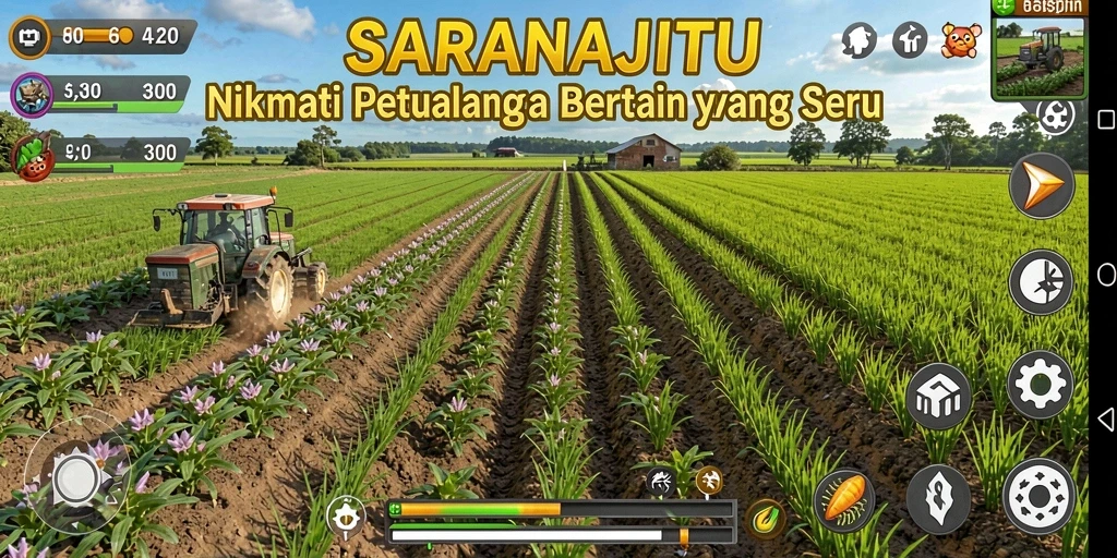 Tangkapan layar gameplay SARANAJITU yang menunjukkan aktivitas bertani yang seru.