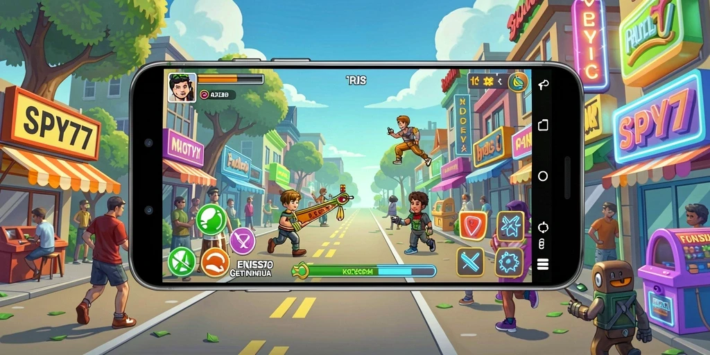 Screenshot menunjukkan gameplay menarik SPY77 dengan grafis cerah.