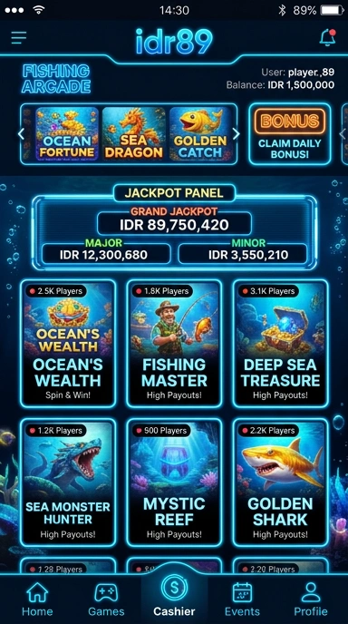 Screenshot aplikasi dengan antarmuka pengguna 'idr89' yang intuitif.